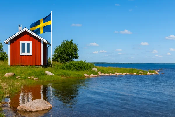 Röd stuga i svenska skärgården